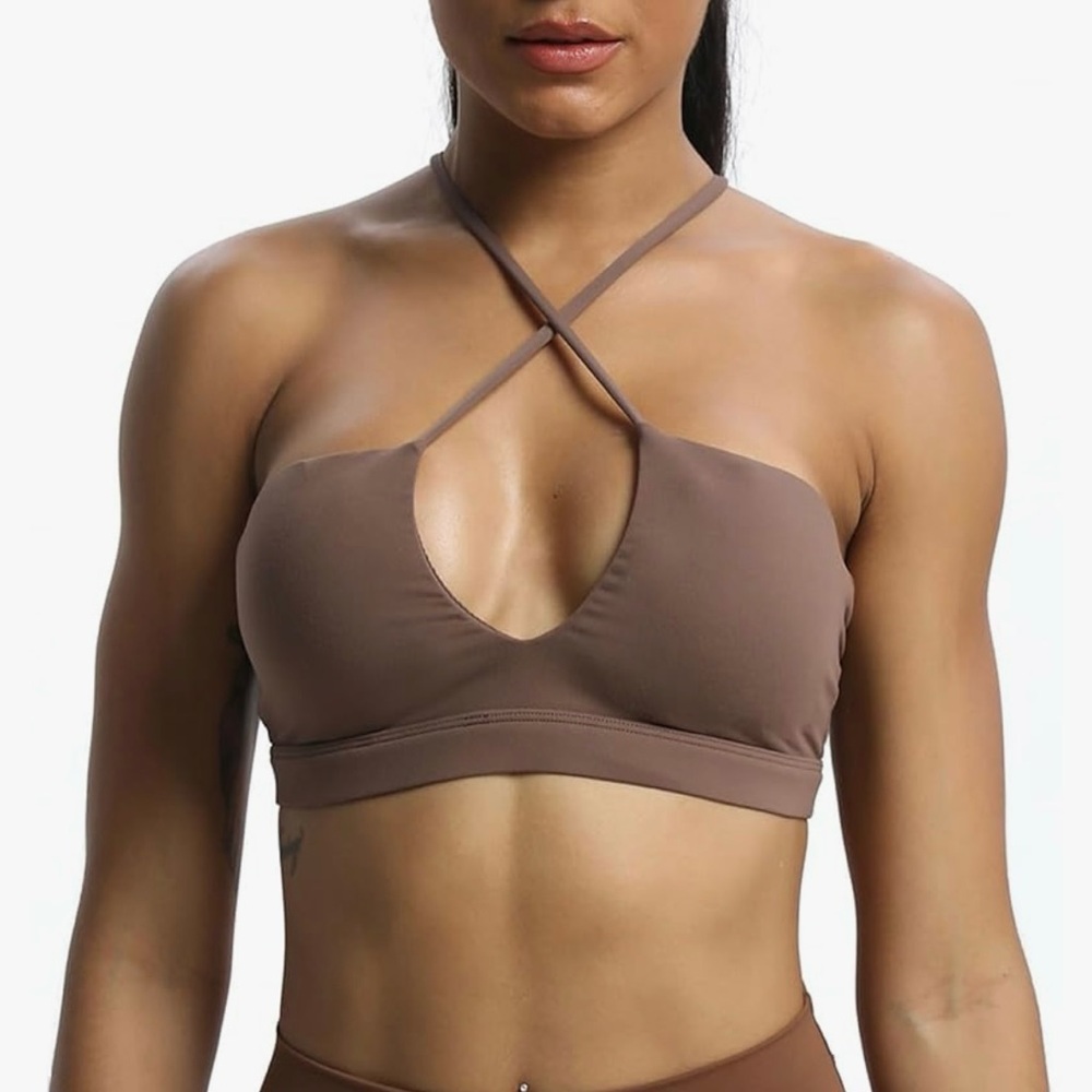 Brown Cross-Halter Crop Top workout bra similar to alo XS